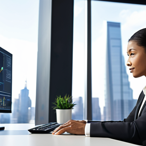 Home 15 A professional financial analyst, depicted in a modern, sleek office environment. The analyst is a person of diverse ethnicity wearing a modest business suit and professional dress, seated comfortably at a polished desk. On the computer monitor, subtle financial charts and graphs are visible, suggesting deep analysis. The background features a large window offering a soft-focus view of a modern cityscape. The lighting is bright and professional. safe for work, appropriate content, fully clothed, professional, perfect anatomy, correct proportions, natural pose, well-formed hands, proper finger count, natural body proportions, high quality photography, realistic.