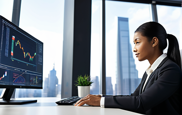 A professional financial analyst, depicted in a modern, sleek office environment. The analyst is a person of diverse ethnicity wearing a modest business suit and professional dress, seated comfortably at a polished desk. On the computer monitor, subtle financial charts and graphs are visible, suggesting deep analysis. The background features a large window offering a soft-focus view of a modern cityscape. The lighting is bright and professional. safe for work, appropriate content, fully clothed, professional, perfect anatomy, correct proportions, natural pose, well-formed hands, proper finger count, natural body proportions, high quality photography, realistic.