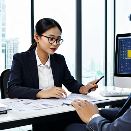 Home 14 A professional Malaysian financial expert, fully clothed in a modest business suit, sitting comfortably at a sleek desk in a modern, well-lit office in Kuala Lumpur. They are engaged in a clear, professional discussion, with one hand gently gesturing towards a large monitor displaying detailed financial charts and data. A laptop, open notebook, and pen are neatly arranged on the desk. The scene emphasizes expertise, trustworthiness, and clear communication. Perfect anatomy, correct proportions, natural pose, well-formed hands, proper finger count, natural body proportions, safe for work, appropriate content, professional, family-friendly.