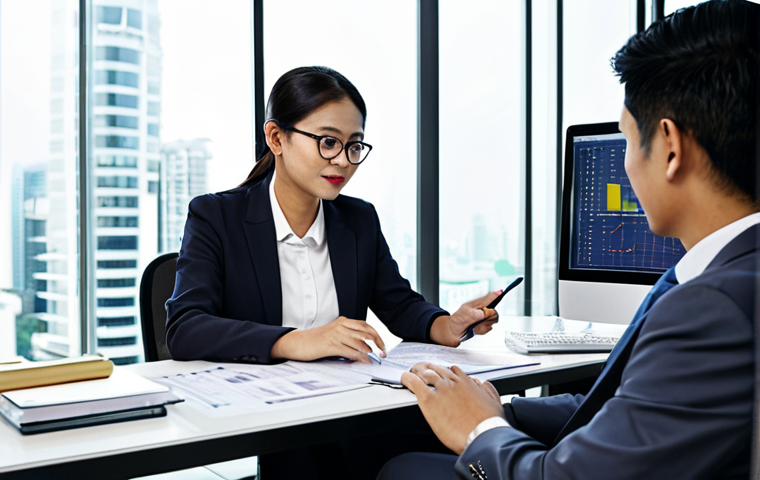 A professional Malaysian financial expert, fully clothed in a modest business suit, sitting comfortably at a sleek desk in a modern, well-lit office in Kuala Lumpur. They are engaged in a clear, professional discussion, with one hand gently gesturing towards a large monitor displaying detailed financial charts and data. A laptop, open notebook, and pen are neatly arranged on the desk. The scene emphasizes expertise, trustworthiness, and clear communication. Perfect anatomy, correct proportions, natural pose, well-formed hands, proper finger count, natural body proportions, safe for work, appropriate content, professional, family-friendly.