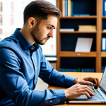 A diligent male finance professional, in his late 20s, dressed in a modest, dark blue business shirt and tailored grey trousers, intensely focused on his studies. He is seated at a minimalist wooden desk in a modern, brightly lit study area with large windows, indicating a sense of clarity. On the desk, there are open CFA textbooks, a laptop displaying intricate financial data visualizations and complex quantitative models, and a neat stack of analytical reports. His hands are resting on the keyboard, poised for action, as he deeply concentrates on the screen. The background shows blurred bookshelves filled with financial literature, adding to the academic atmosphere. The overall mood is serious, professional, and dedicated. High-quality professional photography, perfect anatomy, correct proportions, natural pose, well-formed hands, proper finger count, natural body proportions, fully clothed, appropriate attire, modest clothing, safe for work, appropriate content, professional.